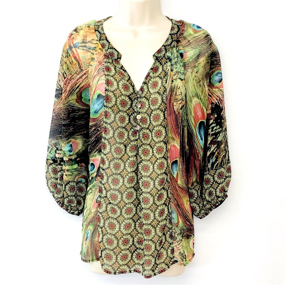 Figueroa & Flower Mandela and Peacock Feather Print Popover Blouse